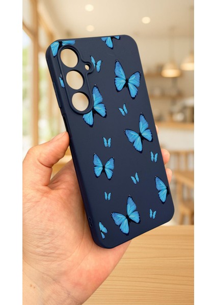Samsung Galaxy A55 -Mavi Kelebek Desenli Silikon Darbe Emici Klasik Korumalı Rubber Kılıf modelleri