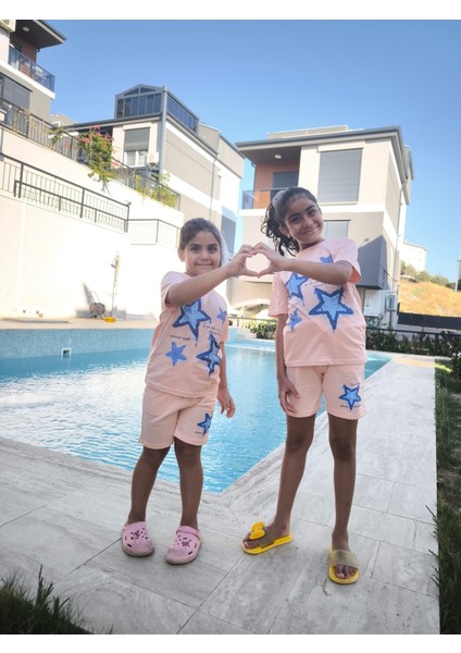 Kız Çocuk Pamuklu Şortlu Takım Somon, Lila, Nar Çiçeği Renkli