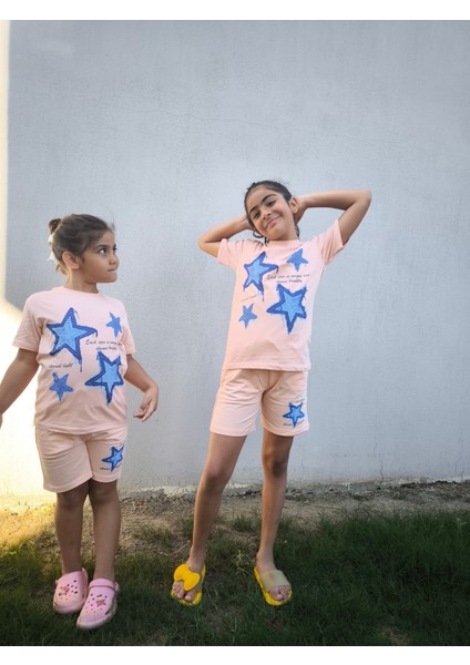 Kız Çocuk Pamuklu Şortlu Takım Somon, Lila, Nar Çiçeği Renkli indirimleri