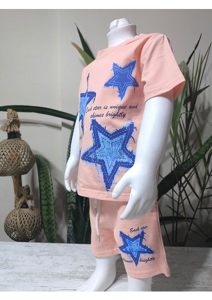 Kız Çocuk Pamuklu Şortlu Takım Somon, Lila, Nar Çiçeği Renkli