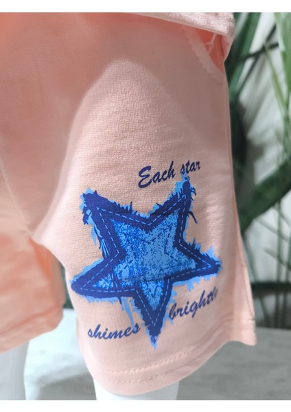 Kız Çocuk Pamuklu Şortlu Takım Somon, Lila, Nar Çiçeği Renkli