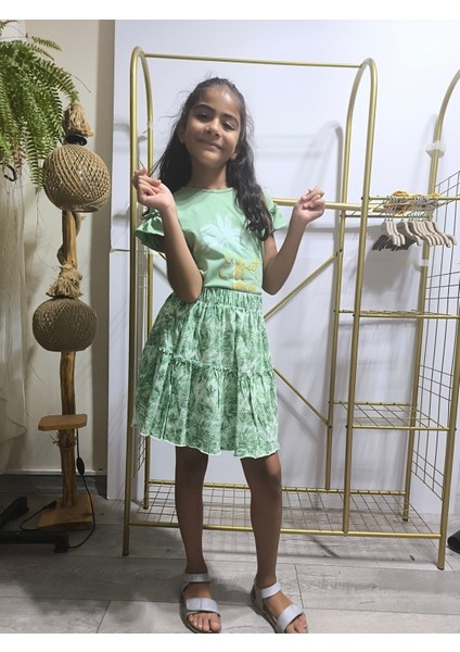 Kız Çocuk Etekli Tişörtlü Takım Pamuklu Palmiyeli modelleri