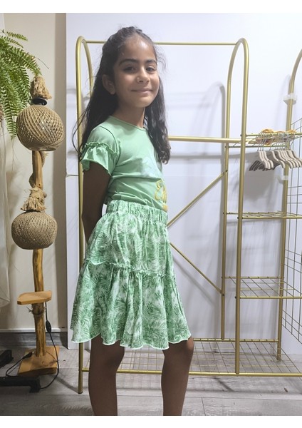 Kız Çocuk Etekli Tişörtlü Takım Pamuklu Palmiyeli indirimleri