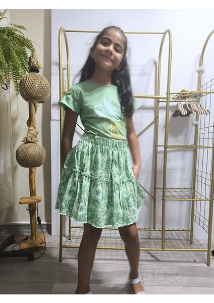 Kız Çocuk Etekli Tişörtlü Takım Pamuklu Palmiyeli