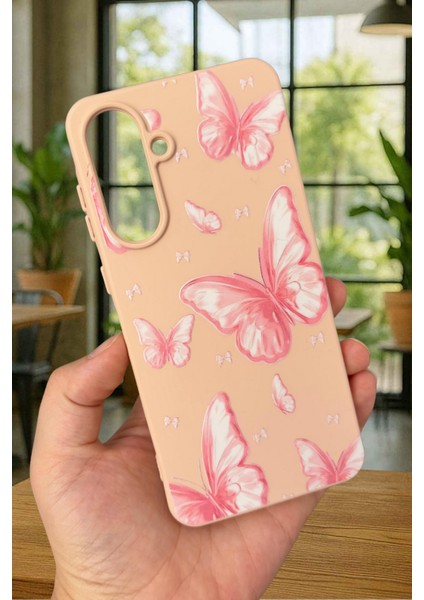 Samsung Galaxy A56 Uyumlu Pembe Kelebek Desenli Silikon Darbe Emici Klasik Korumalı Rubber Kılıf