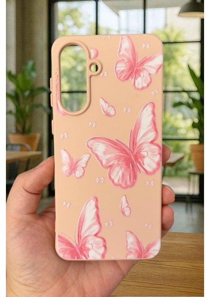Samsung Galaxy A56 Uyumlu Pembe Kelebek Desenli Silikon Darbe Emici Klasik Korumalı Rubber Kılıf fiyatları