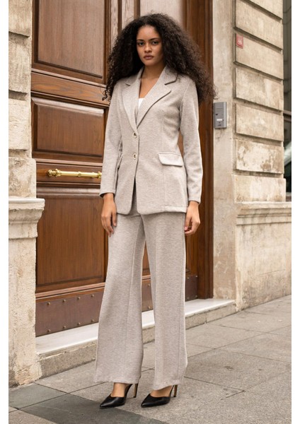 Kadın Kalın Esnek Kumaş Yan Cepli Bol Paça Yüksek Bel Rahat Kesim Palazzo Pantolon-Bej