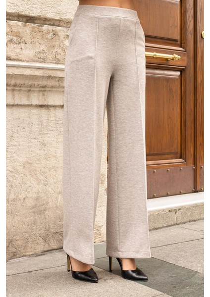 Kadın Kalın Esnek Kumaş Yan Cepli Bol Paça Yüksek Bel Rahat Kesim Palazzo Pantolon-Bej fiyatları