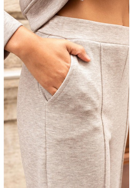 Kadın Kalın Esnek Kumaş Yan Cepli Bol Paça Yüksek Bel Rahat Kesim Palazzo Pantolon-Bej fırsatları