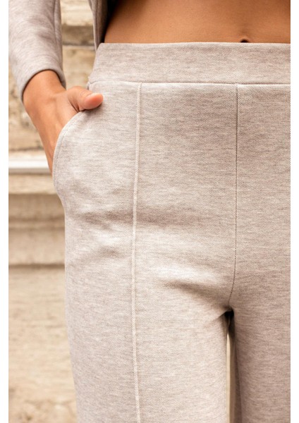 Kadın Kalın Esnek Kumaş Yan Cepli Bol Paça Yüksek Bel Rahat Kesim Palazzo Pantolon-Bej indirimleri