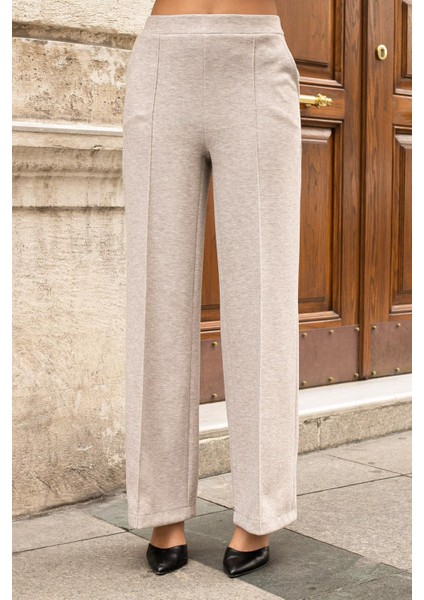 Kadın Kalın Esnek Kumaş Yan Cepli Bol Paça Yüksek Bel Rahat Kesim Palazzo Pantolon-Bej