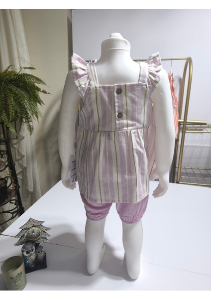 Kız Bebek Alt-Üst Şortlu Takım %100 Pamuk Müslin Tarz Tasarım Premium, Lila Şeftali fiyatları