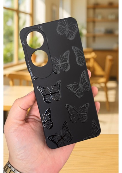 Oppo A60 Uyumlu Siyah Kelebek Desenli Silikon Darbe Emici Klasik Korumalı Rubber Kılıf