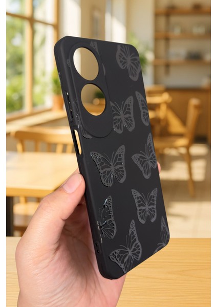 Oppo A60 Uyumlu Siyah Kelebek Desenli Silikon Darbe Emici Klasik Korumalı Rubber Kılıf modelleri