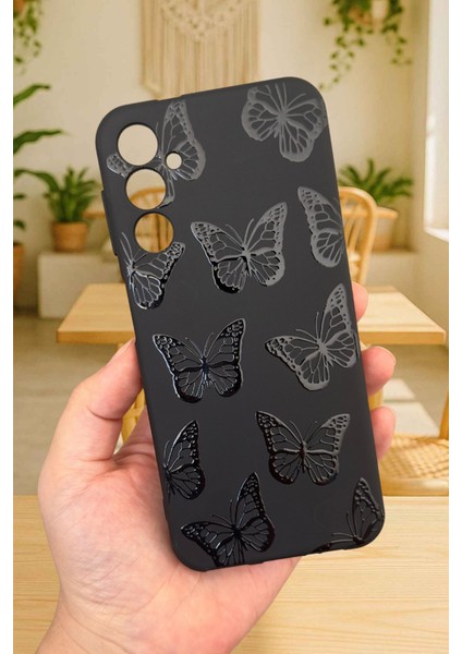 Samsung Galaxy A14 Uyumlu Siyah Kelebek Desenli Silikon Darbe Emici Klasik Korumalı Rubber Kılıf