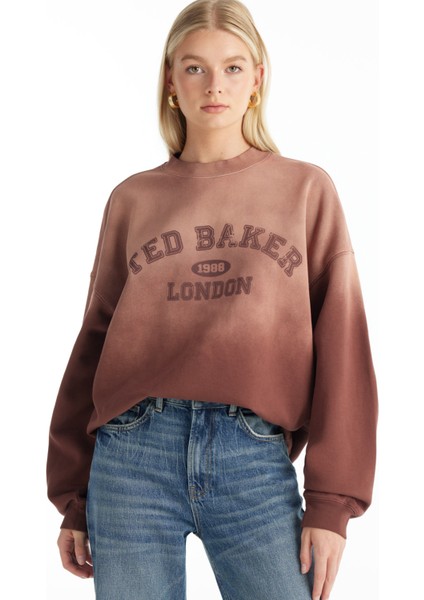 Bisiklet Yaka Baskılı Bordo Kadın Sweatshırt TBWRTS1046