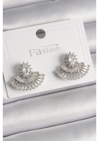 Pirinç Gümüş Renk Zirkon Taşlı Yelpaze Model Kadın Küpe - TJ-BKP9916