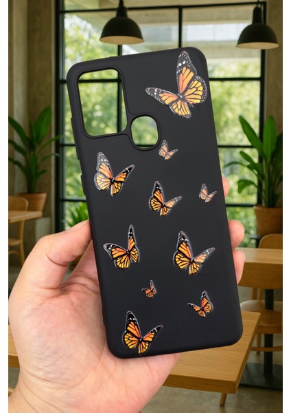 Samsung Galaxy A21S - Turuncu Kelebek Desenli Silikon Darbe Emici Klasik Korumalı Rubber Kılıf