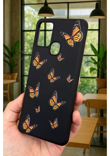 Samsung Galaxy A21S - Turuncu Kelebek Desenli Silikon Darbe Emici Klasik Korumalı Rubber Kılıf modelleri