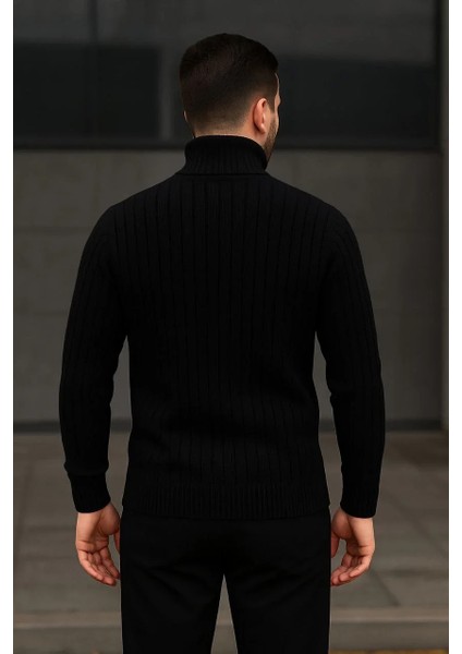 Erkek Balıkcı Yaka Bağazlı Triko Kazak Pamuklu Kalın Fitilli Dokuma, Regular Fit Uzun Kollu Kışlık Model - Siyah fiyatları