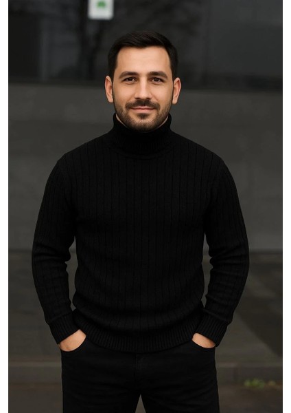 Erkek Balıkcı Yaka Bağazlı Triko Kazak Pamuklu Kalın Fitilli Dokuma, Regular Fit Uzun Kollu Kışlık Model - Siyah modelleri