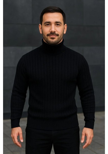 Erkek Balıkcı Yaka Bağazlı Triko Kazak Pamuklu Kalın Fitilli Dokuma, Regular Fit Uzun Kollu Kışlık Model - Siyah fırsatları