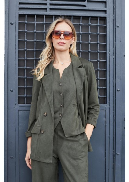 Kadın Süet Dokulu Kumaş Yakalı Capri Kol Cep Kapaklı Blazer Ceket-Haki fiyatları