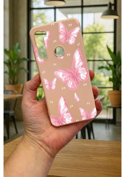 Xiaomi Redmi Note 8 Pembe Kelebek Desenli Silikon Darbe Emici Klasik Korumalı Rubber Kılıf