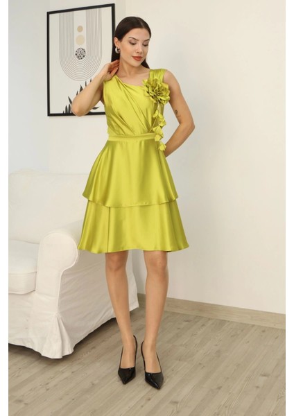Çiçek Detaylı Saten Elbise 2371-OLIVE