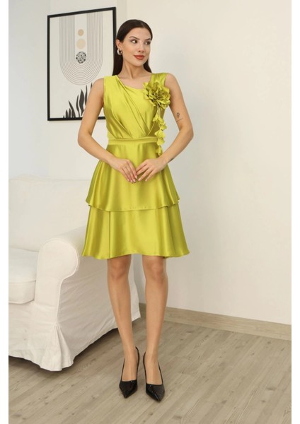 Çiçek Detaylı Saten Elbise 2371-OLIVE fiyatları