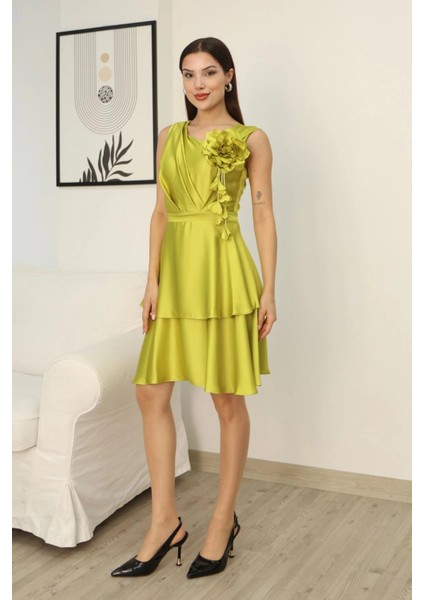 Çiçek Detaylı Saten Elbise 2371-OLIVE fırsatları