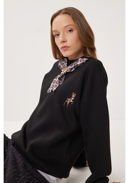 Fular Detaylı Şardonlu Örme Sweatshirt LPX0005 Siyah