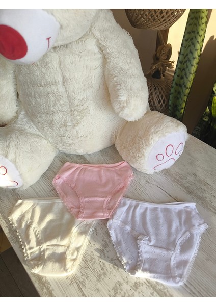 Kız Çocuk Külot 3'lü Jakarlı Terletmez %100 Pamuk Beyaz Krem Pembe