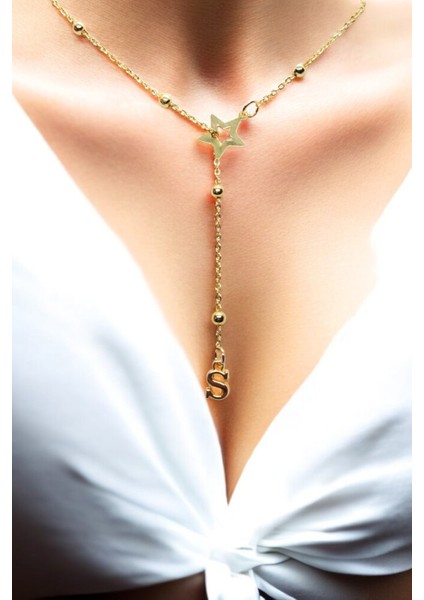 S Harfi Yıldız Topçuk Y 316L Paslanmaz Çelik Zincir Altın Kaplama Kolye Hediye Kalp Sevgili Eş