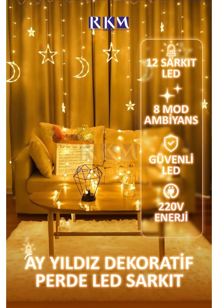 Dekoratif 8 Fonksiyonlu Ay Yıldız Perde LED Gün Işığı Ramazan Süsleme Işık Hilal Yıldız 12 Saçak LED