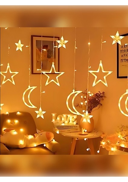 Dekoratif 8 Fonksiyonlu Ay Yıldız Perde LED Gün Işığı Ramazan Süsleme Işık Hilal Yıldız 12 Saçak LED fiyatları
