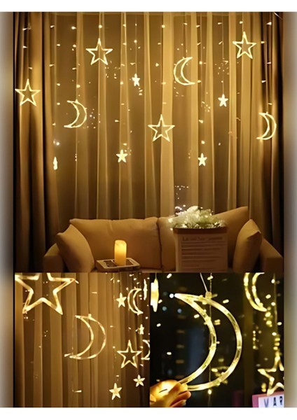 Dekoratif 8 Fonksiyonlu Ay Yıldız Perde LED Gün Işığı Ramazan Süsleme Işık Hilal Yıldız 12 Saçak LED modelleri