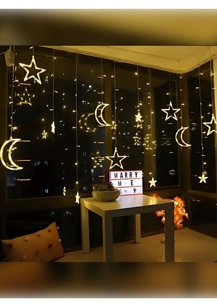 Dekoratif 8 Fonksiyonlu Ay Yıldız Perde LED Gün Işığı Ramazan Süsleme Işık Hilal Yıldız 12 Saçak LED fırsatları