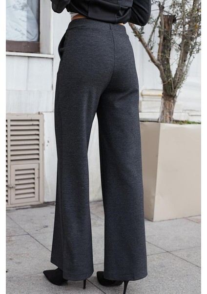 Kadın Kalın Esnek Kumaş Yan Cepli Bol Paça Yüksek Bel Rahat Kesim Palazzo Pantolon-Antrasit fırsatları