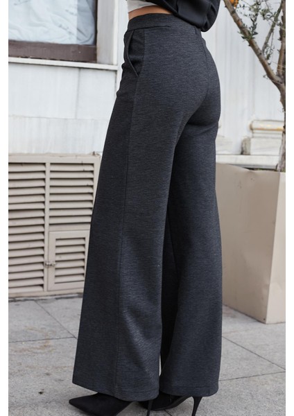 Kadın Kalın Esnek Kumaş Yan Cepli Bol Paça Yüksek Bel Rahat Kesim Palazzo Pantolon-Antrasit indirimleri