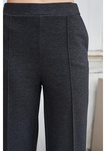 Kadın Kalın Esnek Kumaş Yan Cepli Bol Paça Yüksek Bel Rahat Kesim Palazzo Pantolon-Antrasit