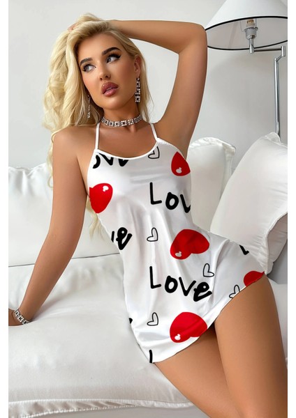 Love Desenli Beyaz Saten Gecelik modelleri