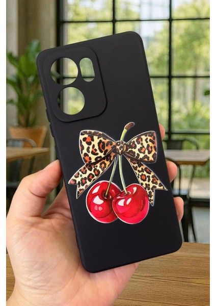 Oppo Reno 13 F Uyumlu Kiraz Leopar Fiyonk Desenli Silikon Darbe Emici Klasik Rubber Kılıf