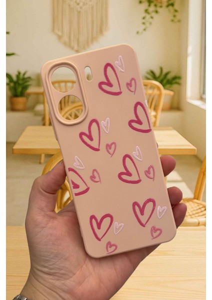 Redmi 13C- Pembe Kalp Desenli Lansman Kamera Korumalı Yumuşak Silikon Rubber Kılıf