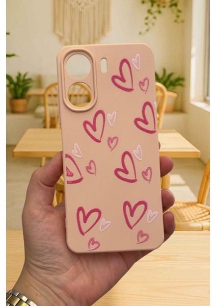 Redmi 13C- Pembe Kalp Desenli Lansman Kamera Korumalı Yumuşak Silikon Rubber Kılıf fiyatları