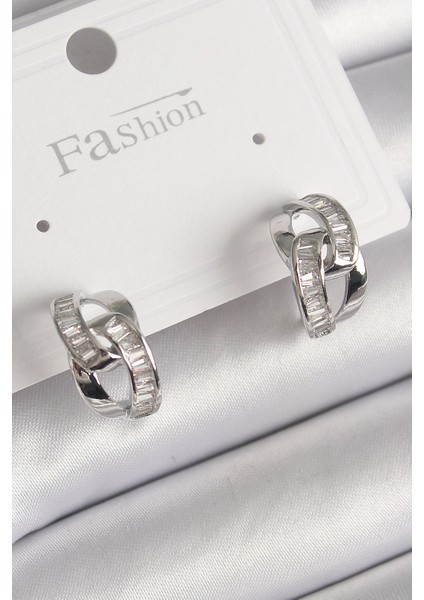 Pirinç Gümüş Renk Zirkon Taşlı Zincir Model Kadın Küpe - TJ-BKP9793