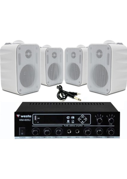 4’lü Beyaz Hoparlörlü Anfi Ses Sistemi Seti | Mağaza ve Ofis Için Profesyonel Müzik Paketi
