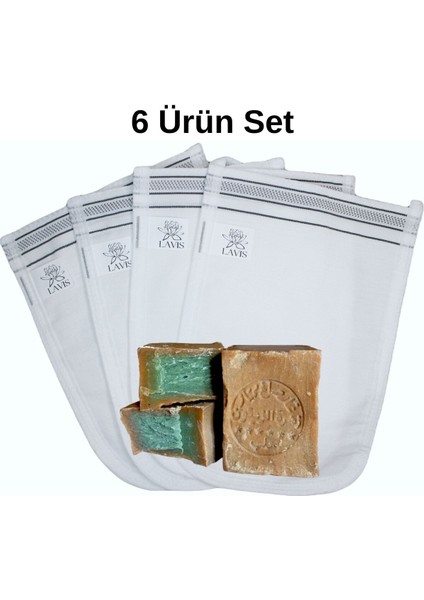 Banyo Hamam Kesesi 4ADET Halep Sabunu 2 Adet Peeling - Ölü Deri Soyucu, Pürüzsüz Cilt 6lı Set