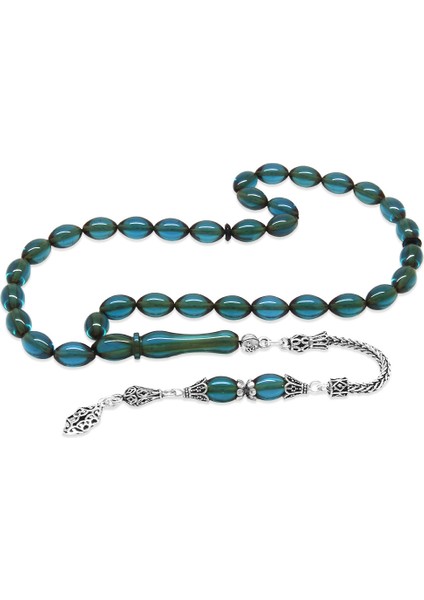 925 Ayar Gümüş Püsküllü Arpa Kesim Turkuaz Ateş Kehribar Tesbih