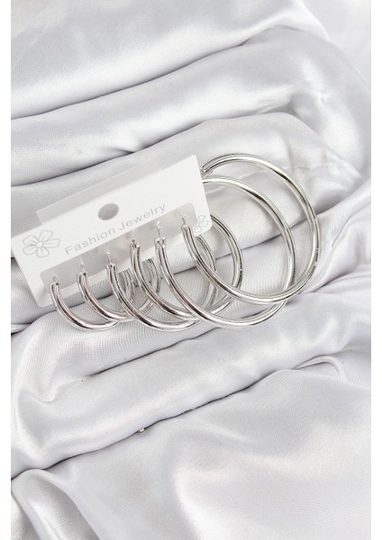 Pirinç Halka Model Gümüş Renk Kadın Set Küpe - TJ-BKP11052